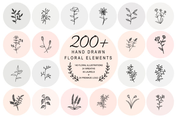 200 Hand Drawn Floral Elements Bundle