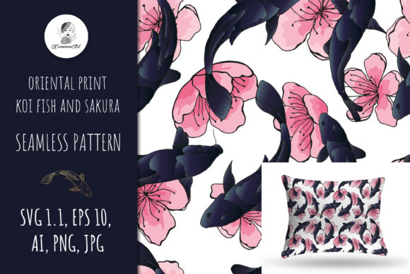 Oriental Print Koi Fish and Sakura Design