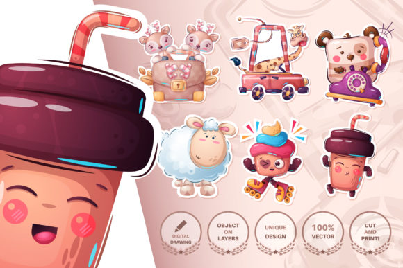 Set Cute Sticker, Seamless Pattern